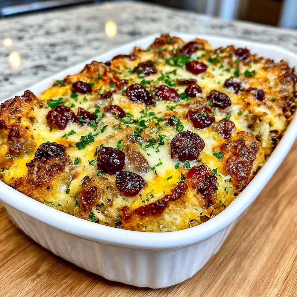 Cranberry Sausage Stuffing Breakfast Casserole