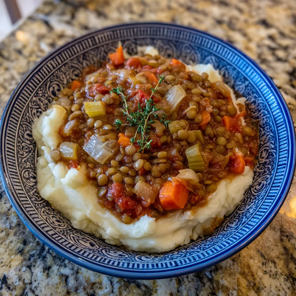 Lentil Stew Over Mashed Potatoes