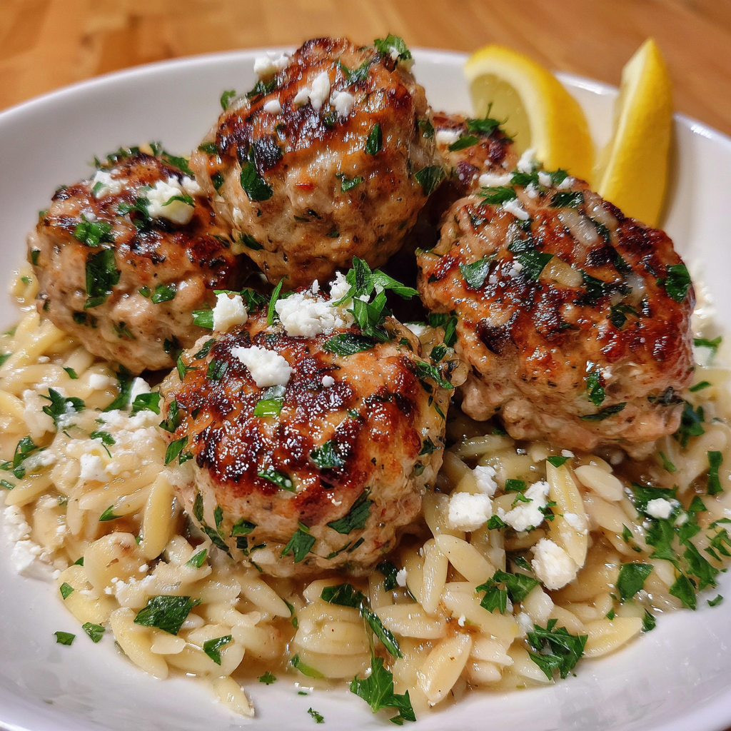 Greek Chicken Meatballs with Lemon Orzo