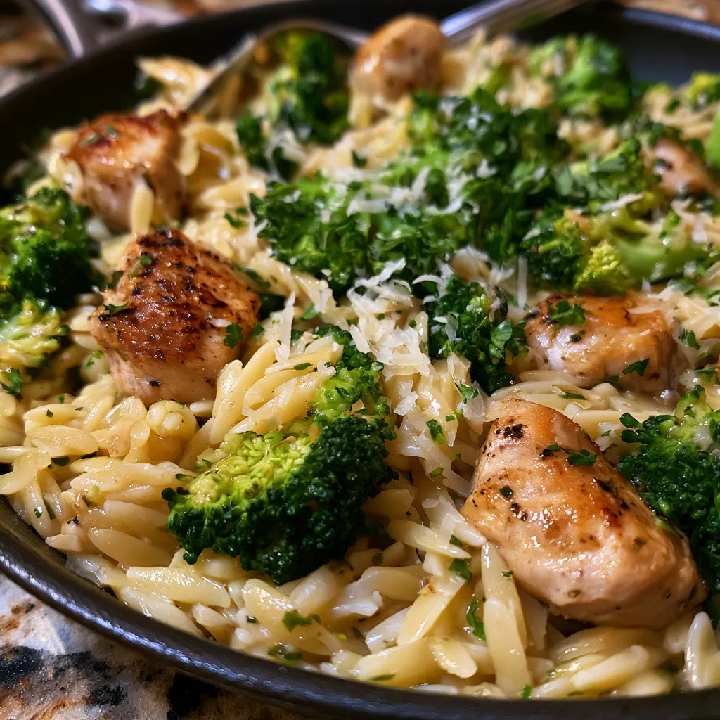 Garlic Parmesan Chicken & Broccoli Orzo Skillet