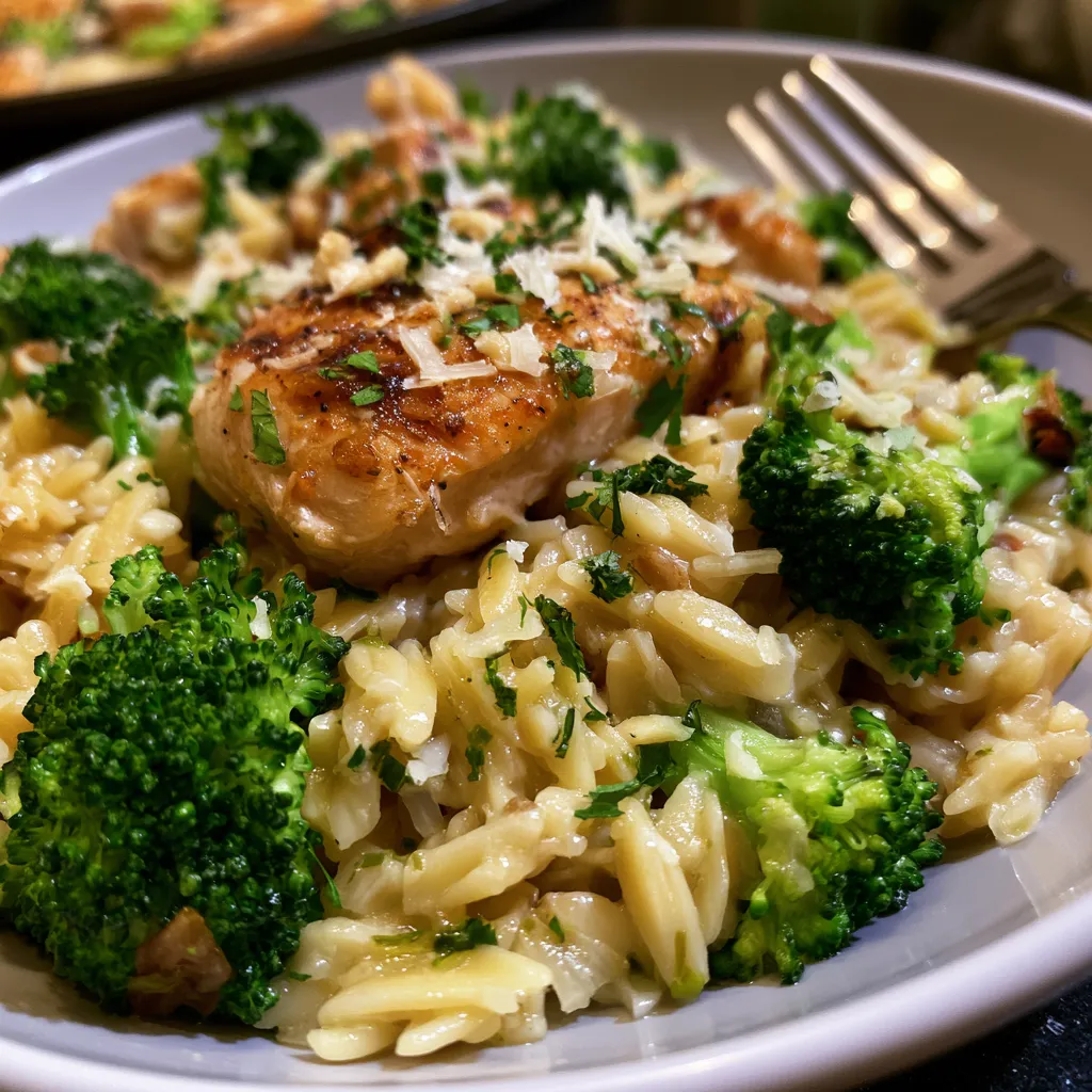 Garlic Parmesan Chicken & Broccoli Orzo Skillet