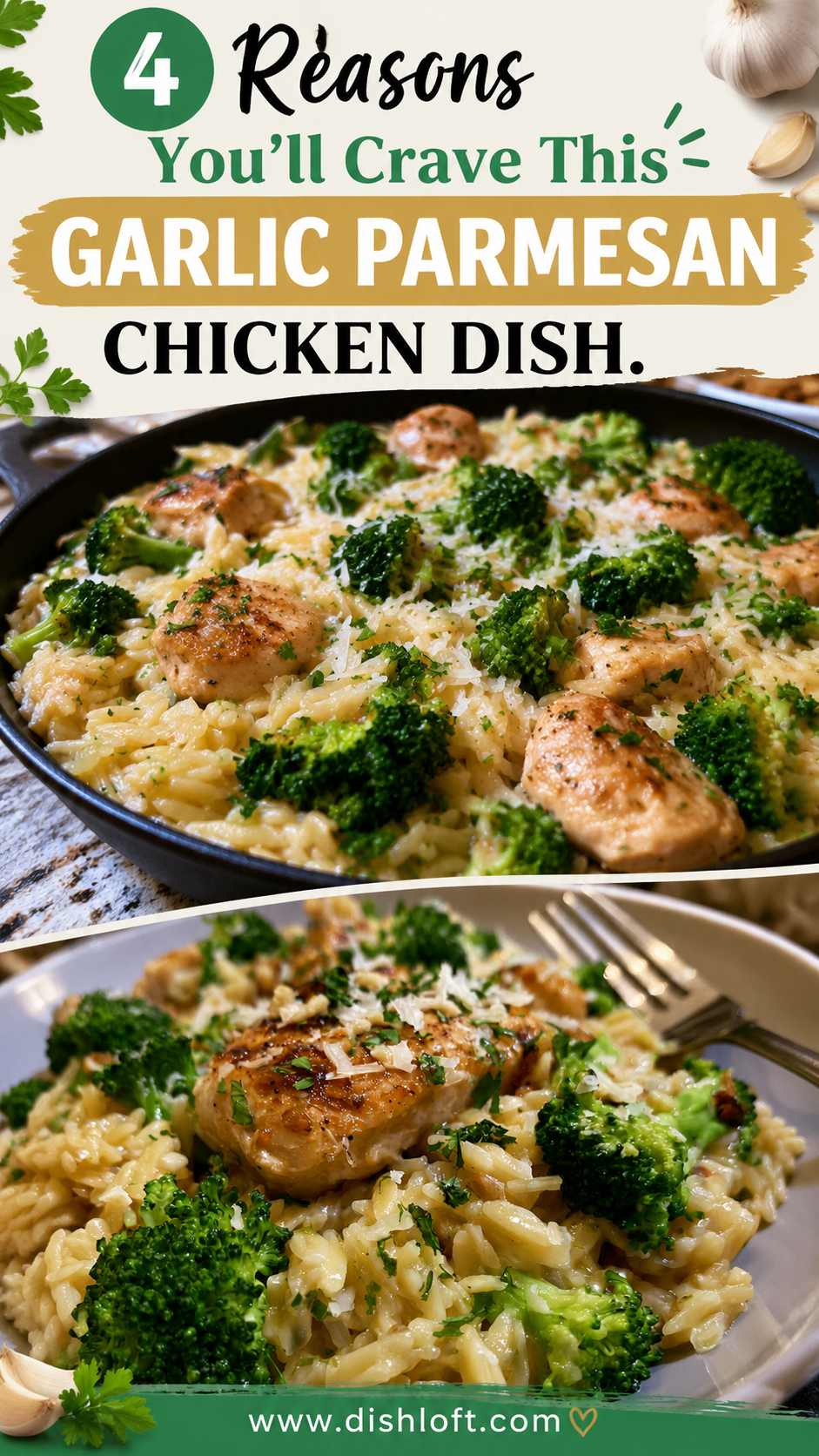 Garlic Parmesan Chicken & Broccoli Orzo Skillet