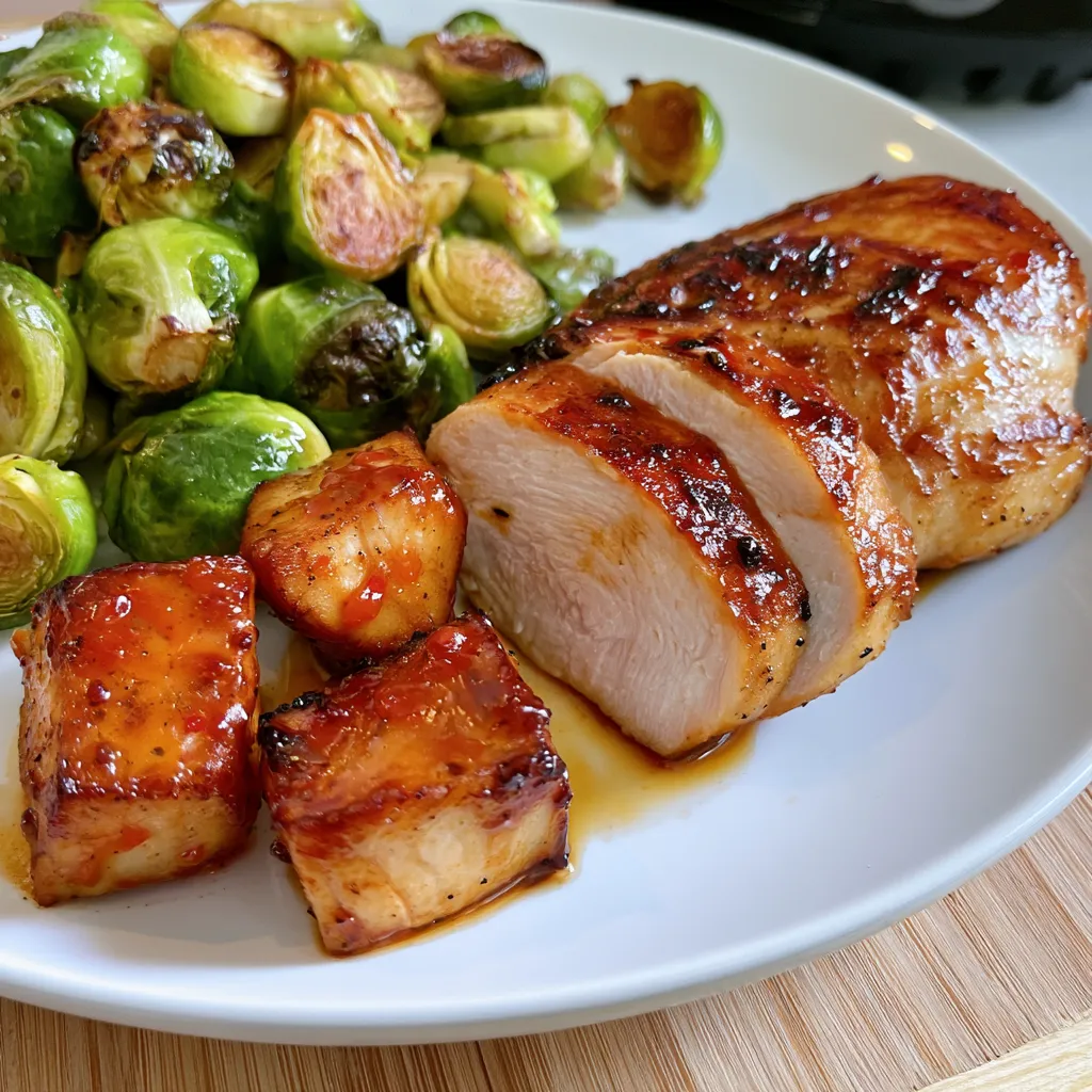air fryer sweet chili chicken and brussels sprouts