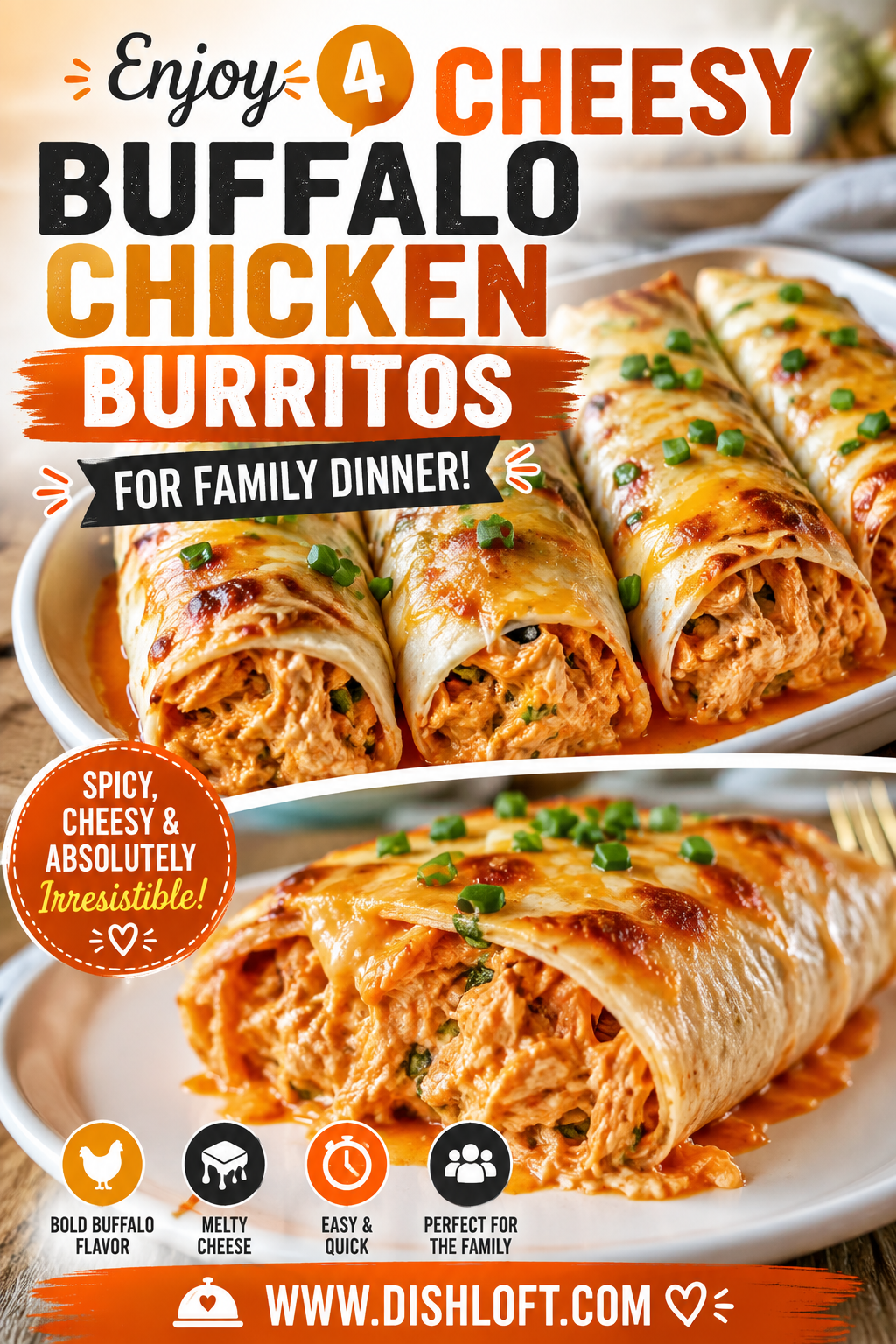 cheesy buffalo chicken burritos