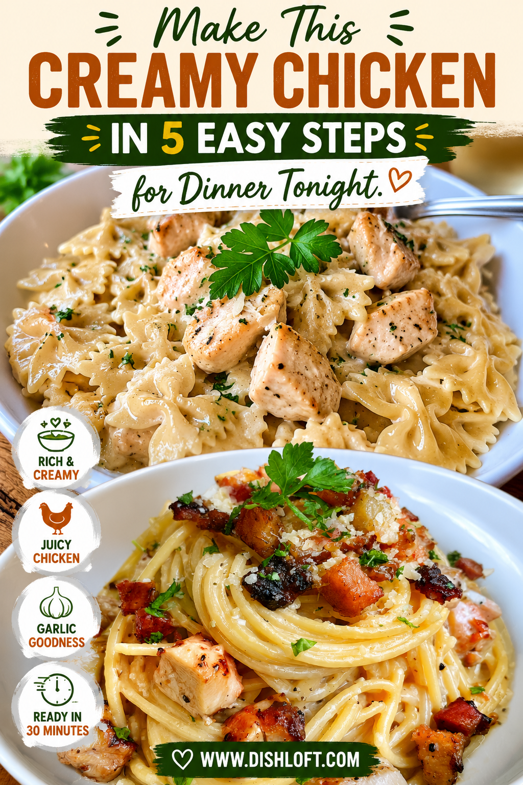 creamy chicken carbonara with turkey bacon and parmesan