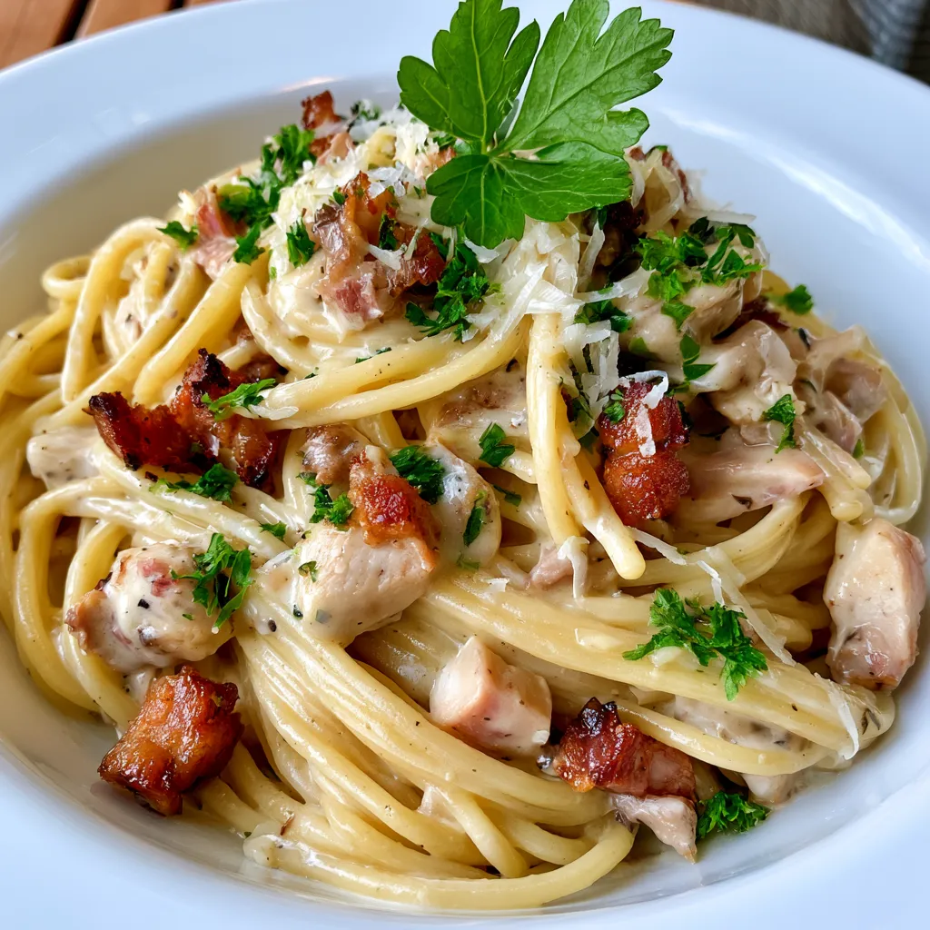 creamy chicken carbonara with turkey bacon and parmesan