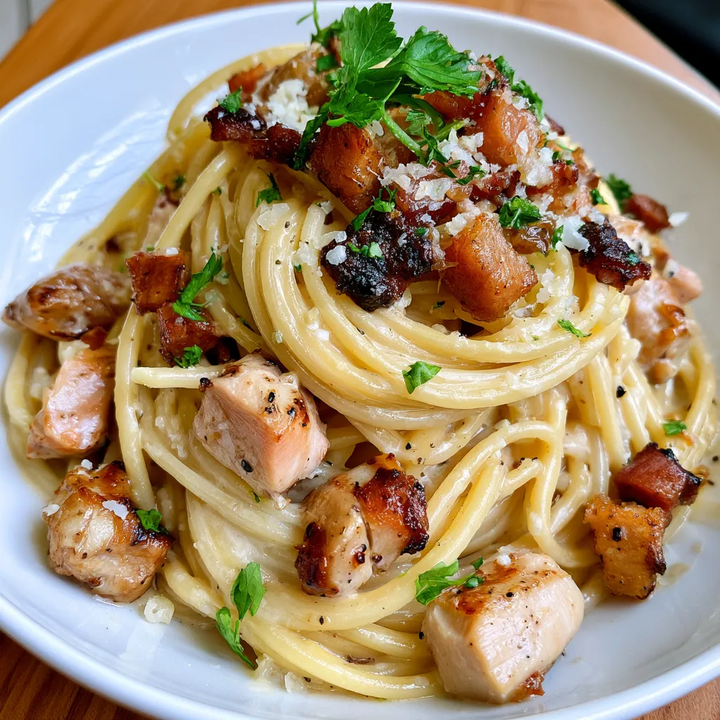 creamy chicken carbonara with turkey bacon and parmesan