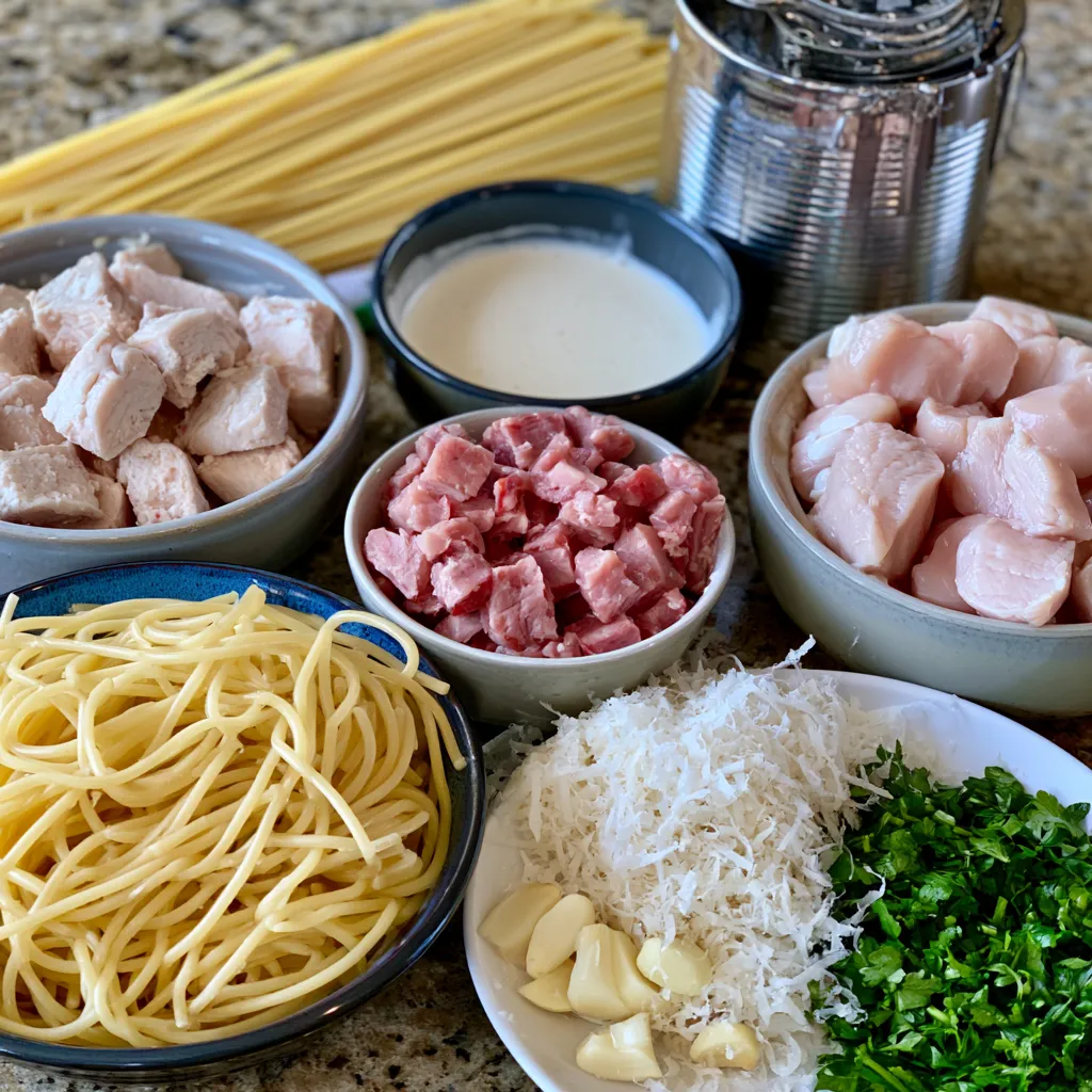 creamy chicken carbonara with turkey bacon and parmesan