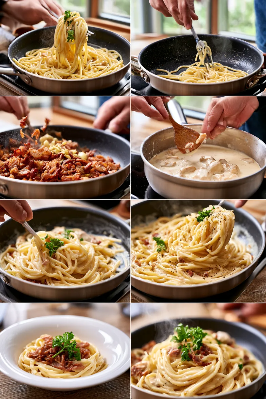 creamy chicken carbonara with turkey bacon and parmesan