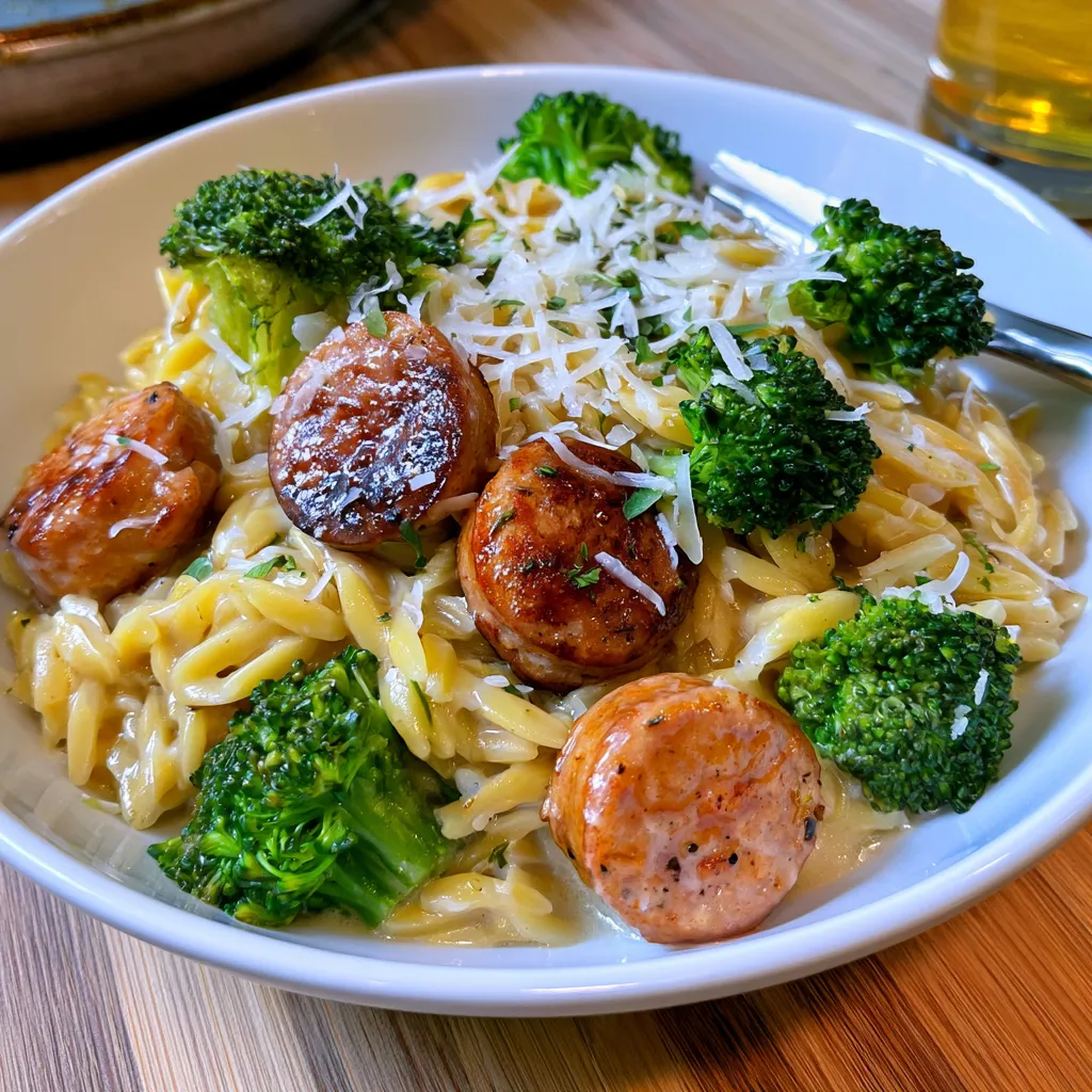 creamy orzo with chicken sausage and broccoli