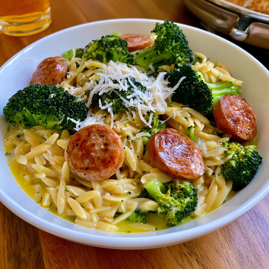 creamy orzo with chicken sausage and broccoli