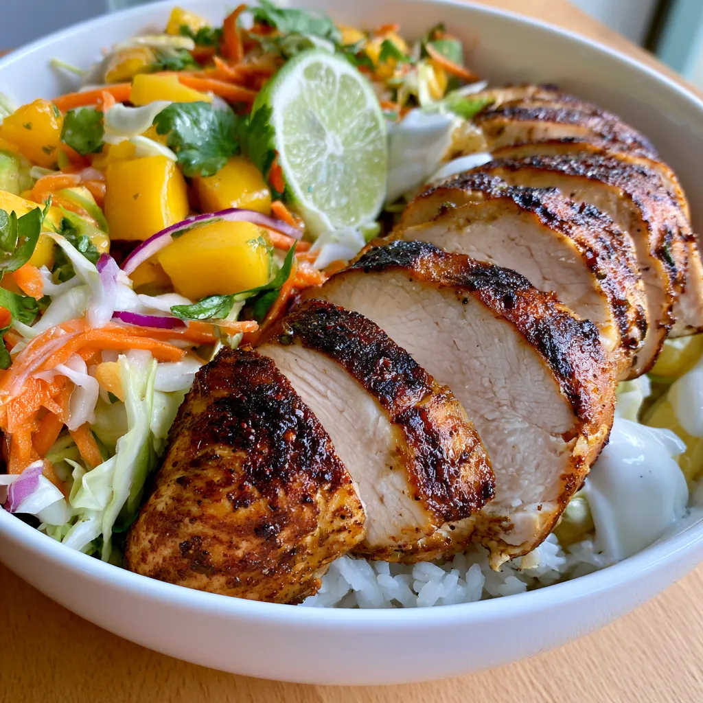 jerk chicken and mango slaw bowls with honey lime cream