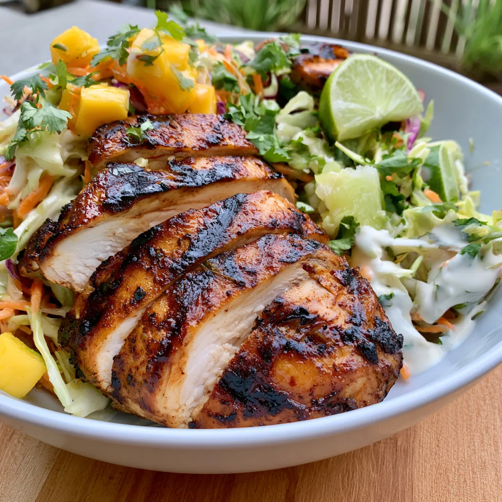 jerk chicken and mango slaw bowls with honey lime cream