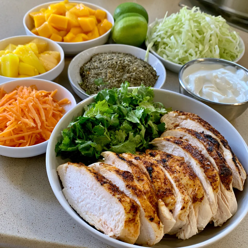 jerk chicken and mango slaw bowls with honey lime cream