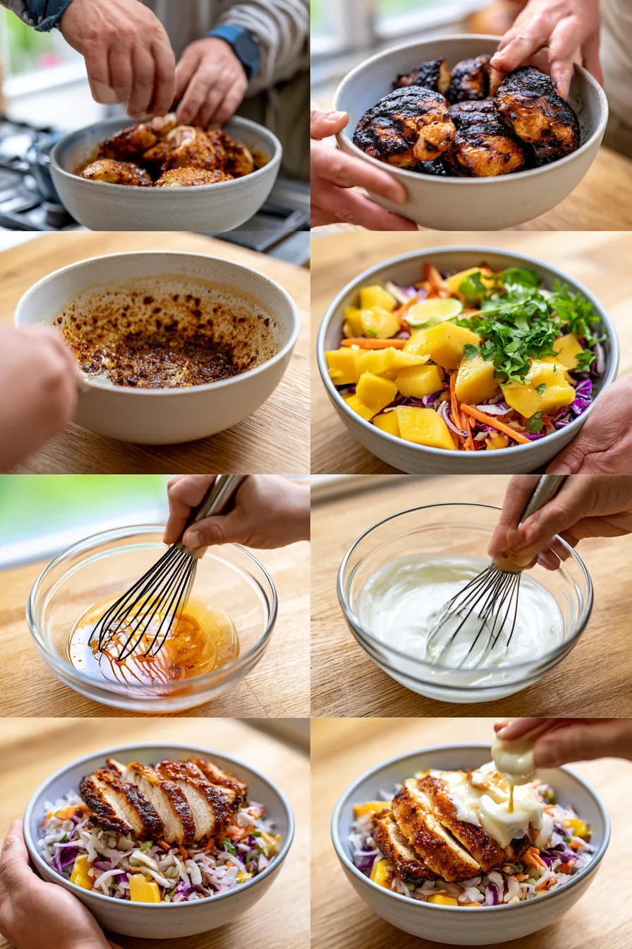 jerk chicken and mango slaw bowls with honey lime cream