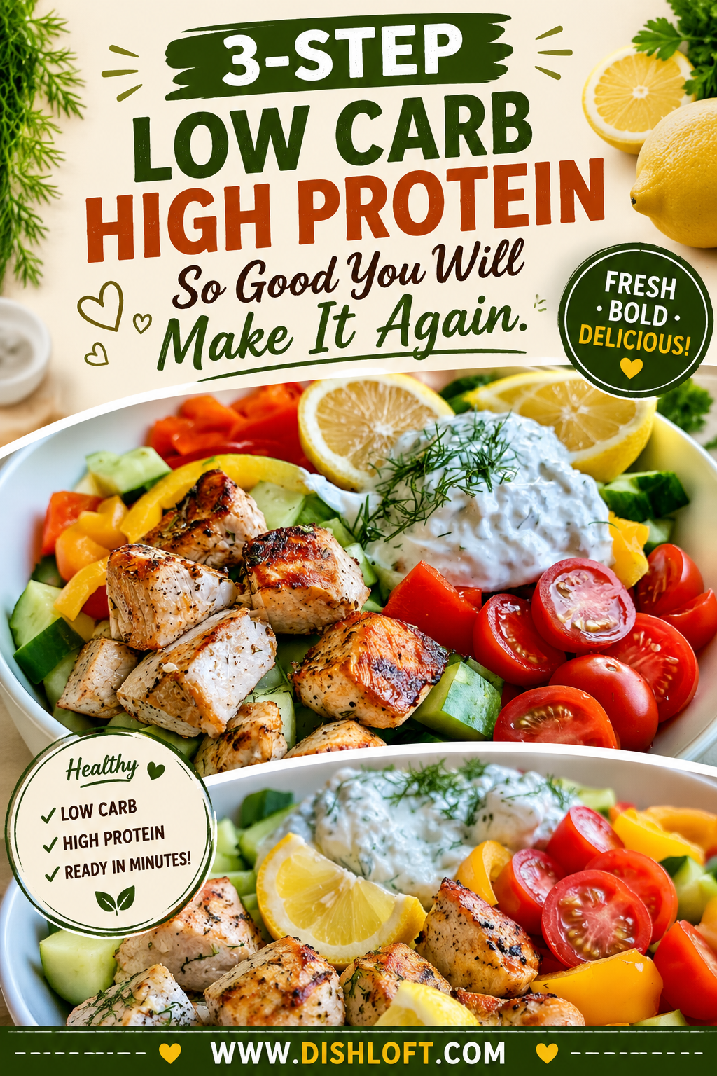 low carb high protein mediterranean lemon dill chicken bowl