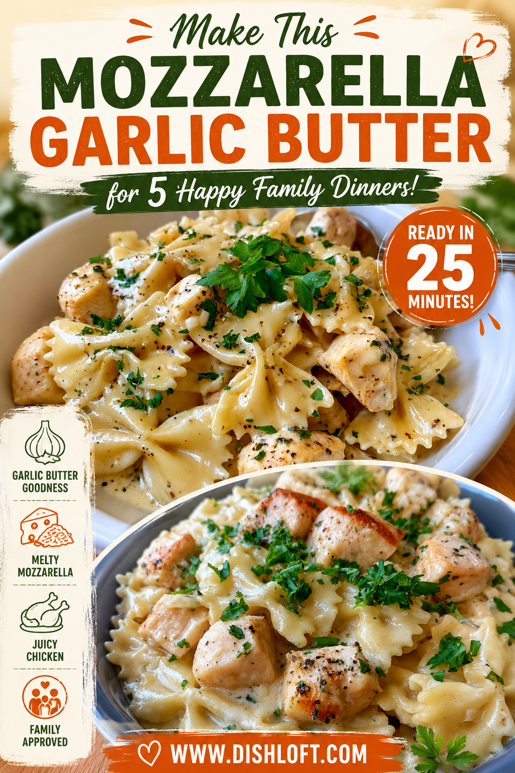 mozzarella garlic butter chicken bowties in cheesy cream