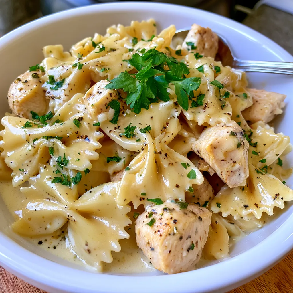 mozzarella garlic butter chicken bowties in cheesy cream