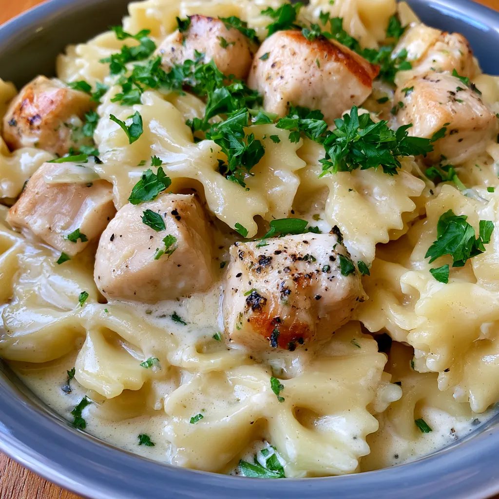 mozzarella garlic butter chicken bowties in cheesy cream