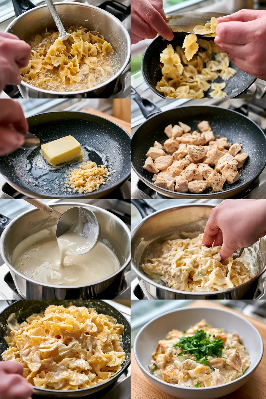 mozzarella garlic butter chicken bowties in cheesy cream