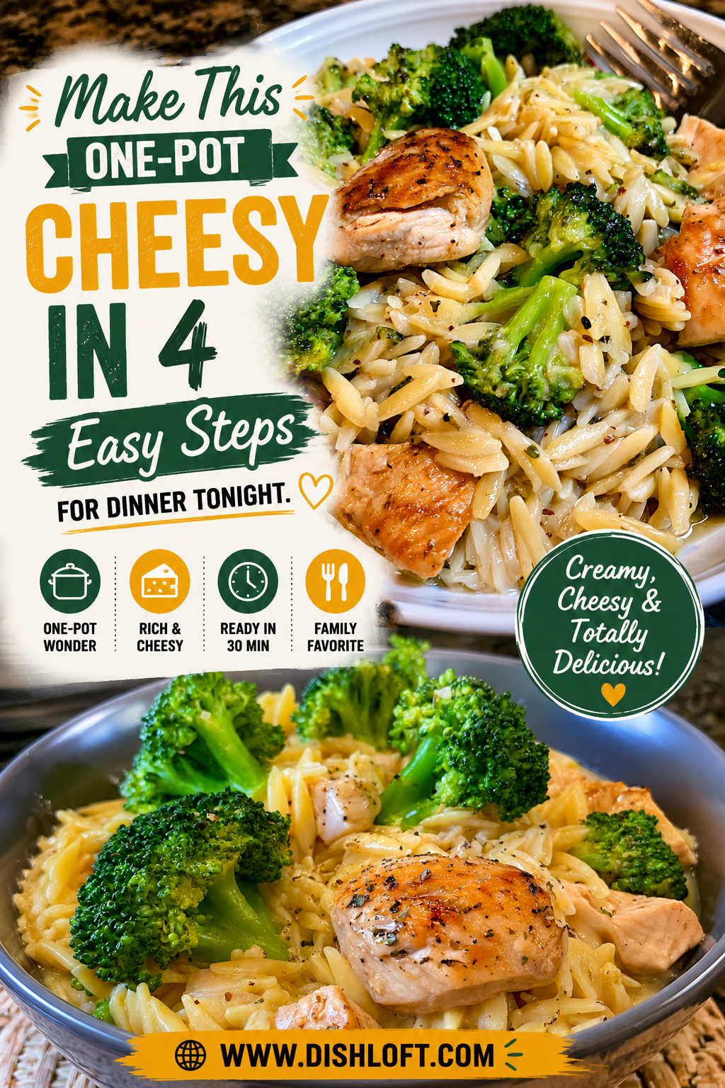 one-pot cheesy chicken and broccoli orzo