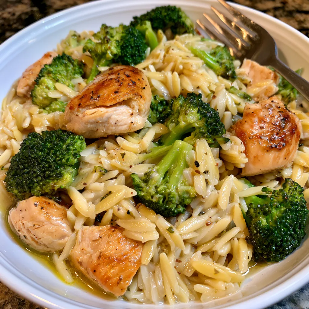 one-pot cheesy chicken and broccoli orzo