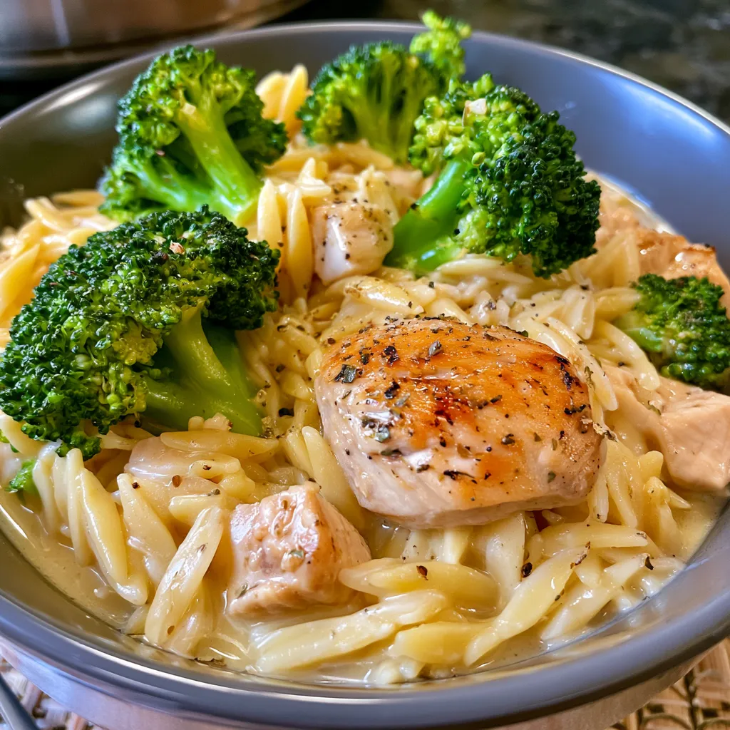 one-pot cheesy chicken and broccoli orzo