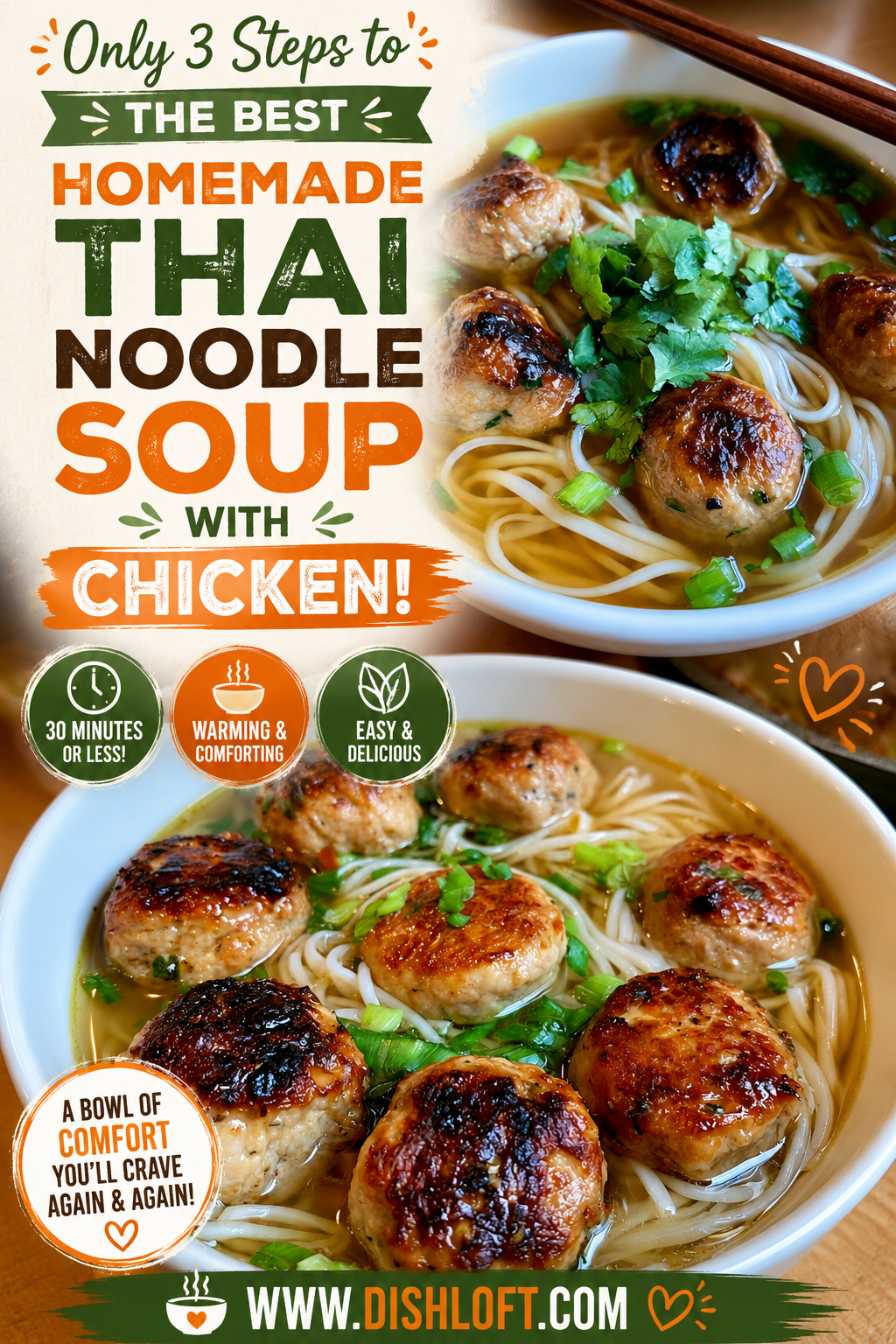 thai noodle soup with chicken meatballs