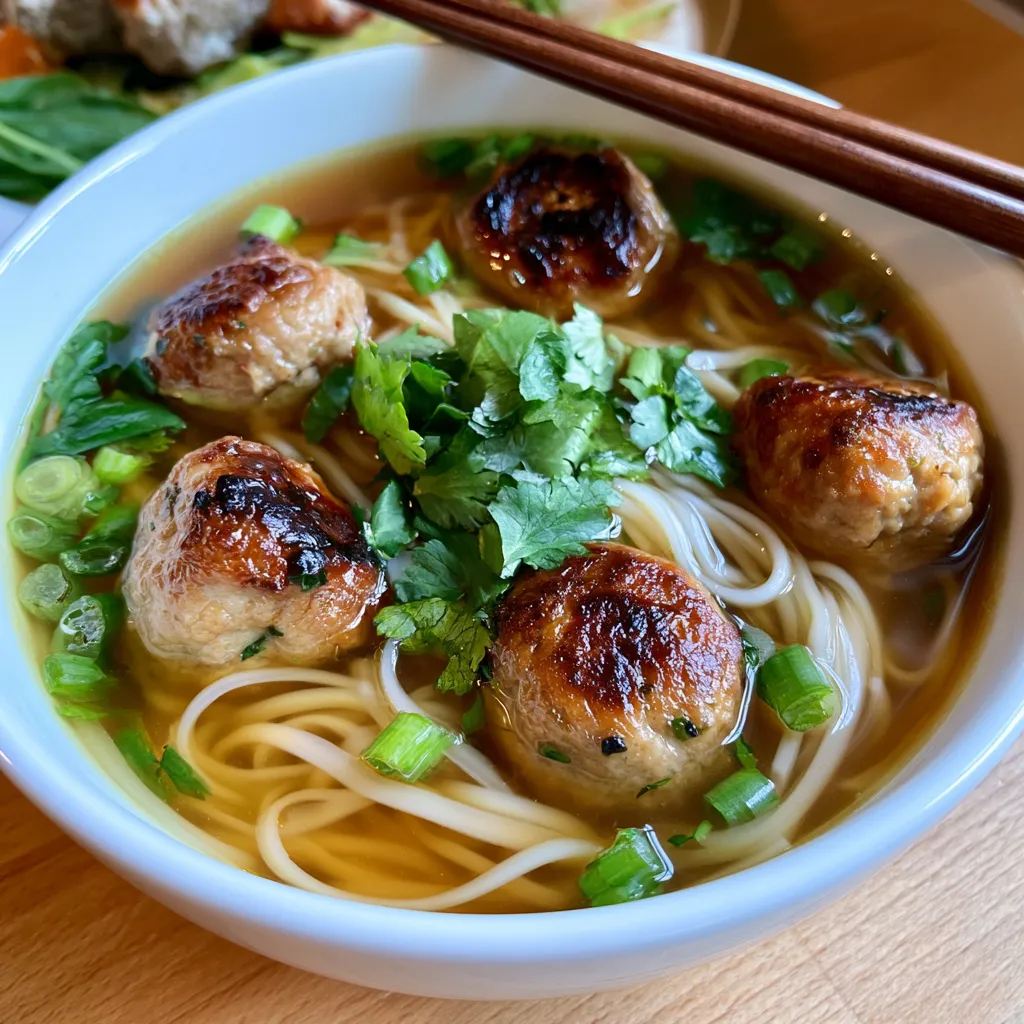 thai noodle soup with chicken meatballs