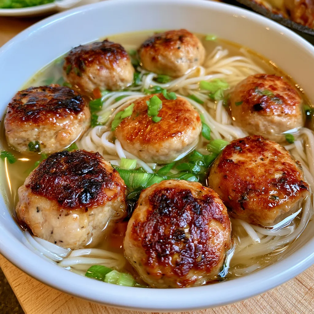 thai noodle soup with chicken meatballs