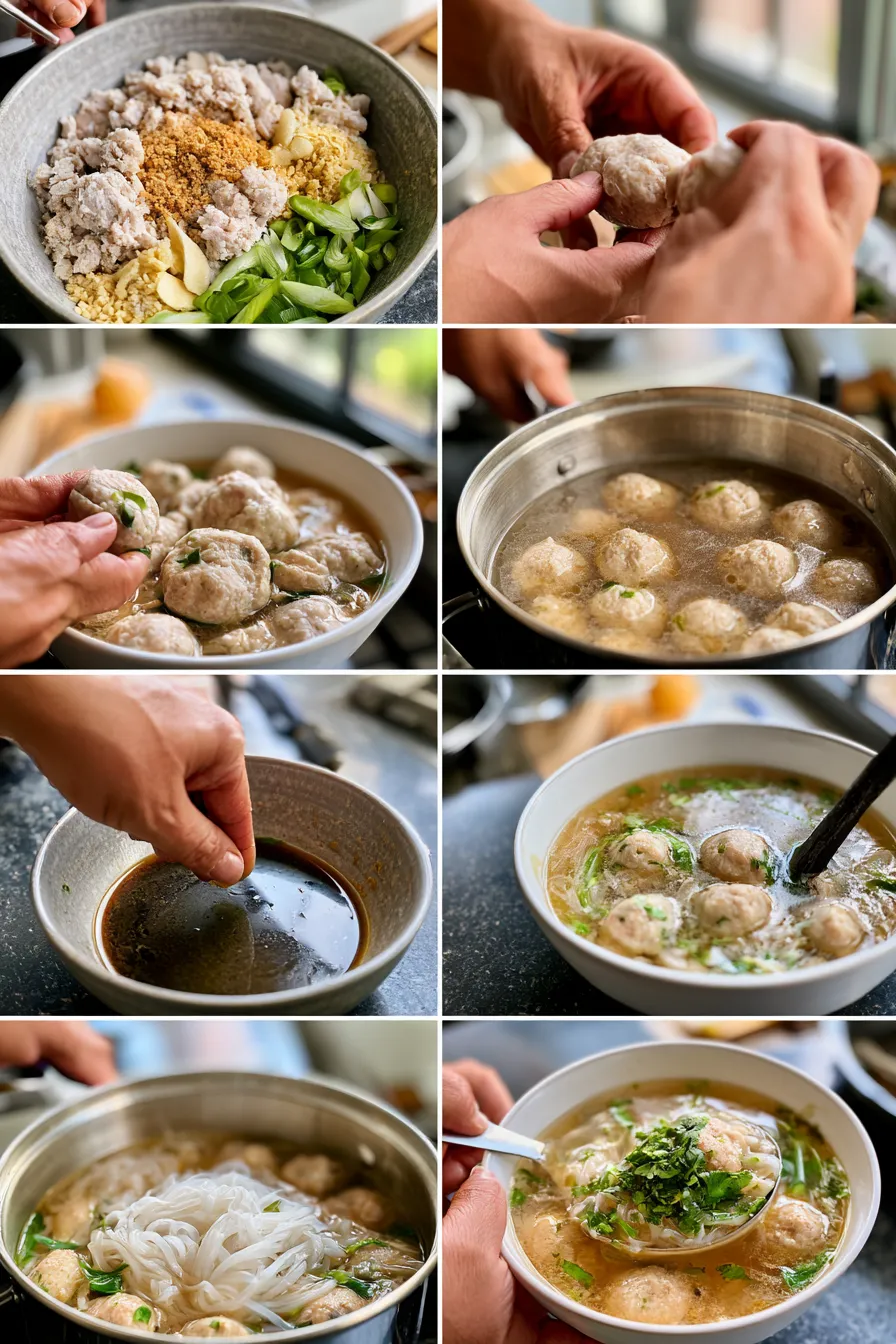 thai noodle soup with chicken meatballs